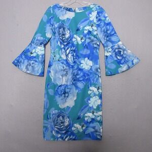 Calvin Klein Dress Blue Floral Bell‎ Sleeve Sheath Career Wedding Church READ
